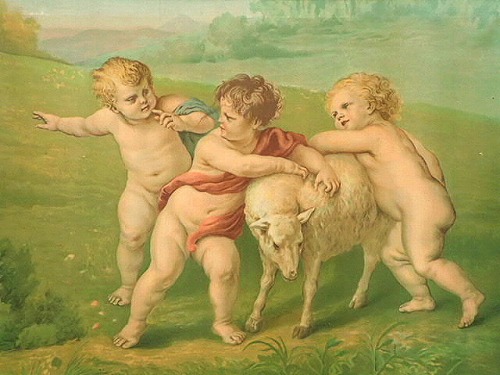 古典油彩絵画『天使の戯れ』 - 薔薇と天使のアンティーク