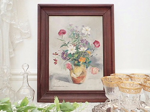 フランス静物画油絵 薔薇と花々を活けた花瓶 - 薔薇と天使のアンティーク