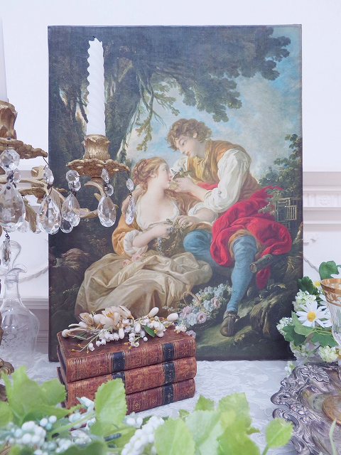フランソワ・ブーシェ複製油絵『牧歌的情景』 - アンティーク 