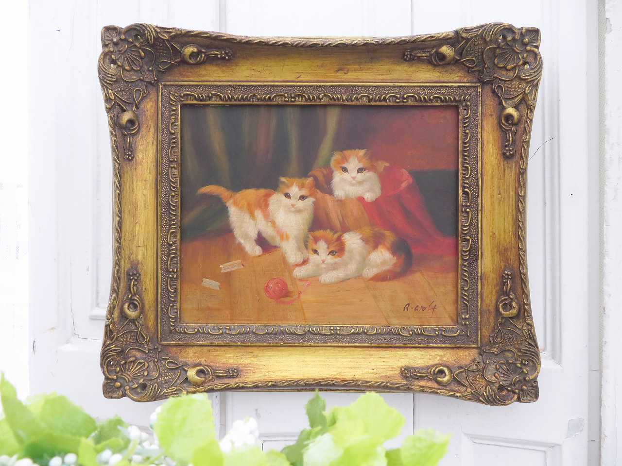 フランス油絵 『猫のいる風景』 - 薔薇と天使のアンティーク