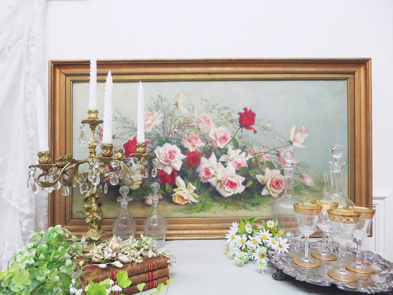 薔薇のある風景 静物画油絵 - アンティークショップ Eglantyne（エグランティーヌ）