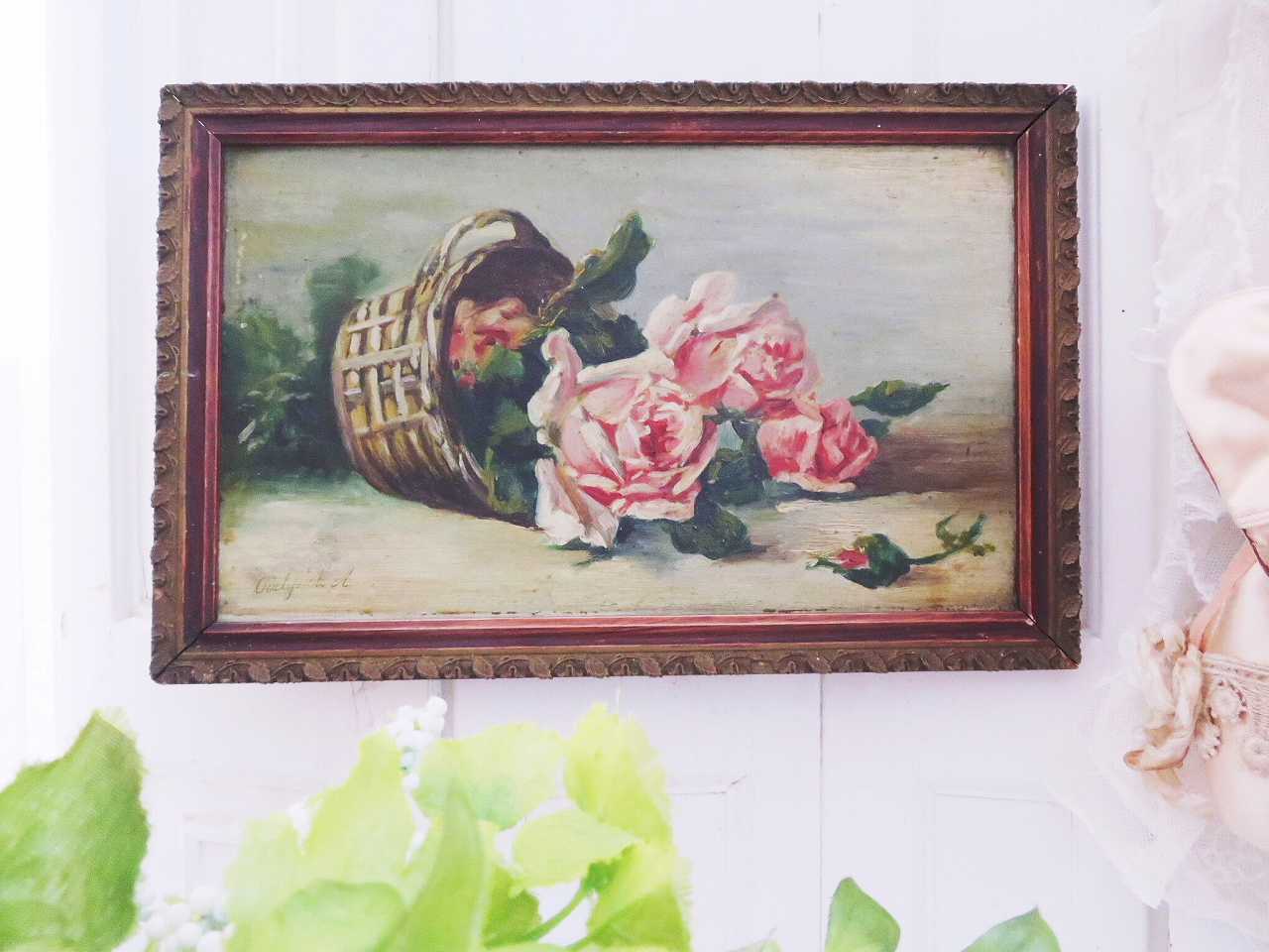 静物画油絵『薔薇の花かご』 - 薔薇と天使のアンティーク