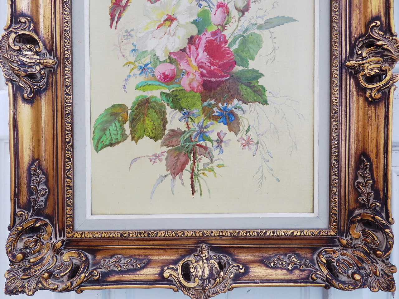 アールヌーヴォー油絵 『薔薇のある風景』 - 薔薇と天使のアンティーク